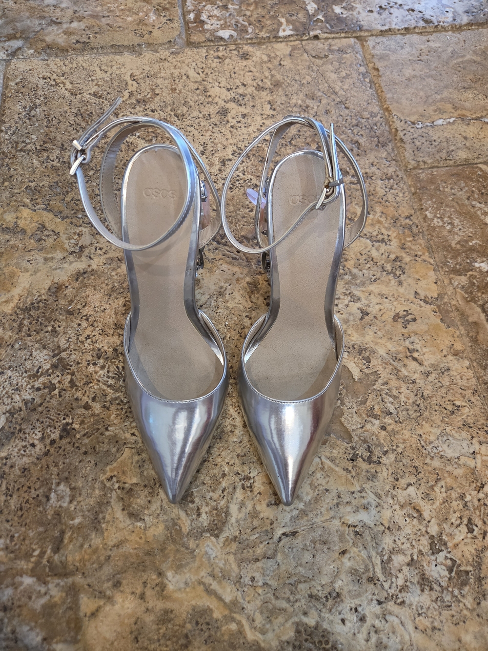 Silver Pointed-Toe Floral Embellished Ankle-Strap Heel